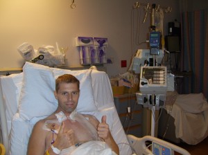 It's hard to see, but Kev is giving a thumbs up to only 3 things being hung from his IV: saline, electrolytes and pain meds-Slowly gettin better!