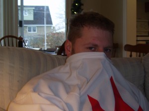Kevin hiding underneath his Team Canada Jersey-his favorite!