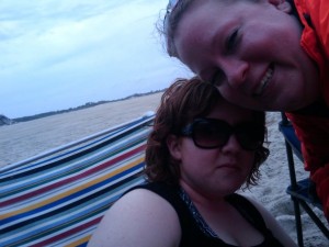Kristen and I on a rainy cloudy beach day before Memorial day